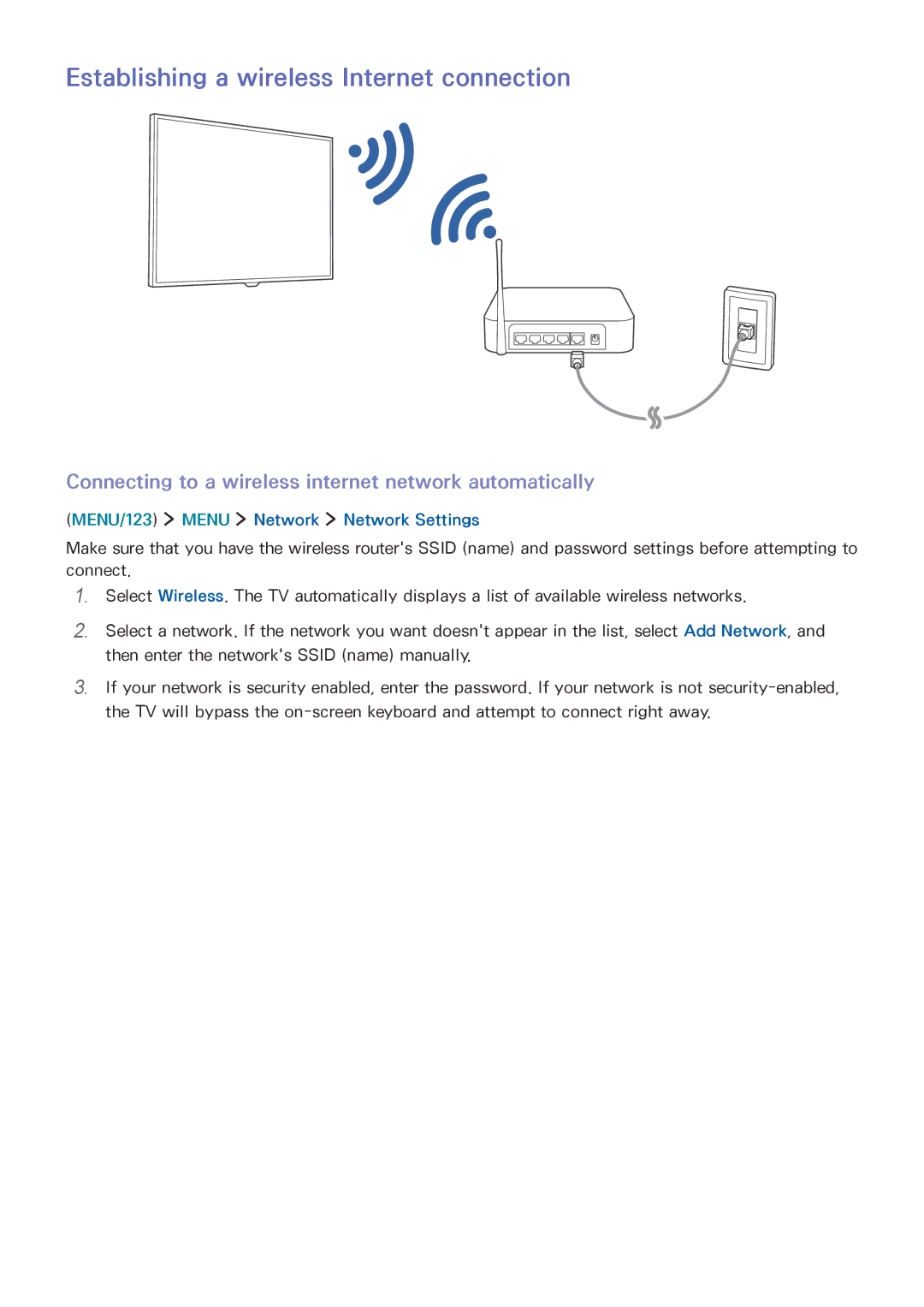 Samsung UA65JU7500KXXV, UA55JU7500KXZN, UA55JU6600KXZN, UA55JS8000KXXV manual Establishing a wireless Internet connection 