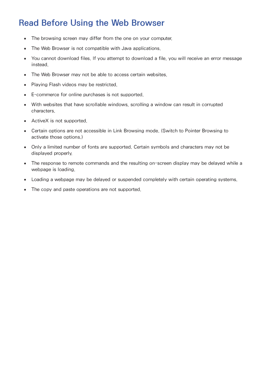 Samsung UA48JU6000KXXV, UA55JU7500KXZN, UA55JU6600KXZN, UA55JS8000KXXV, UA40JU6000KXXV manual Read Before Using the Web Browser 