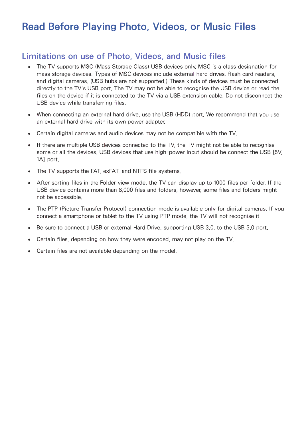 Samsung UA78JU7500KXSQ, UA55JU7500KXZN, UA55JU6600KXZN, UA55JS8000KXXV Read Before Playing Photo, Videos, or Music Files 