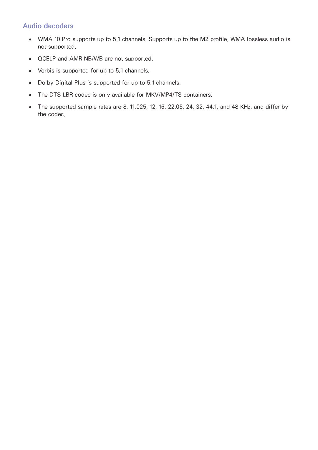 Samsung UA55JS8000KXSQ, UA55JU7500KXZN, UA55JU6600KXZN, UA55JS8000KXXV, UA40JU6000KXXV, UA48JU6600KXXV manual Audio decoders 