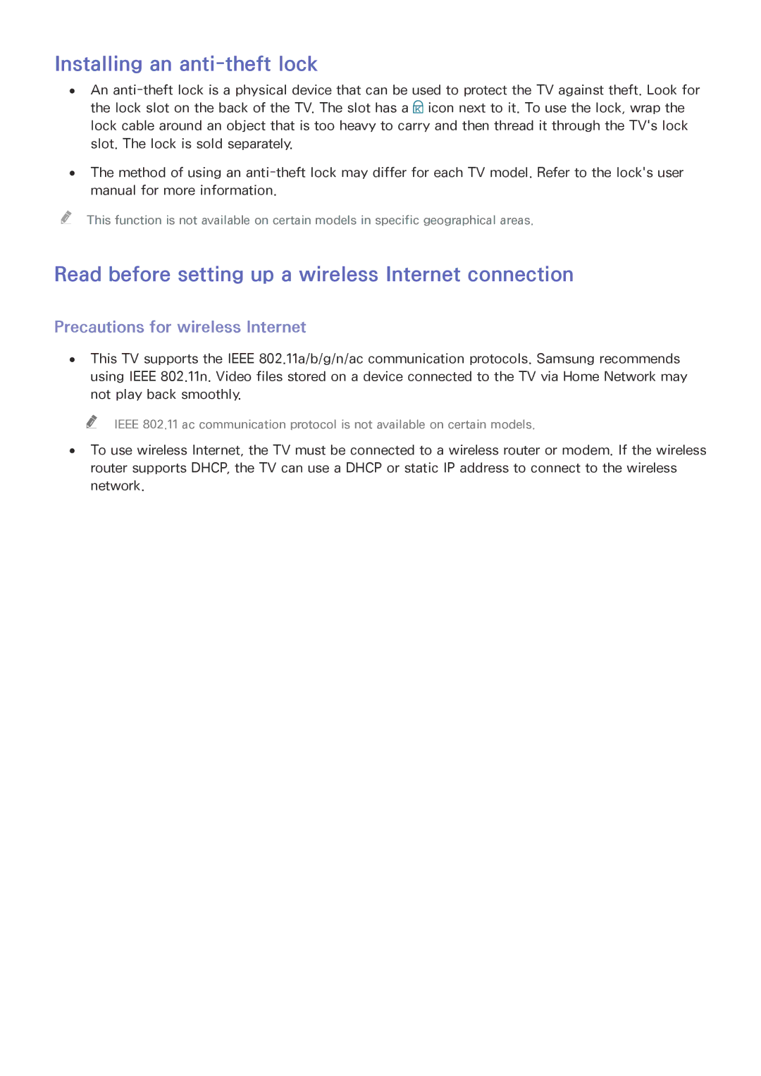 Samsung UA65JU6600KXSQ manual Installing an anti-theft lock, Read before setting up a wireless Internet connection 