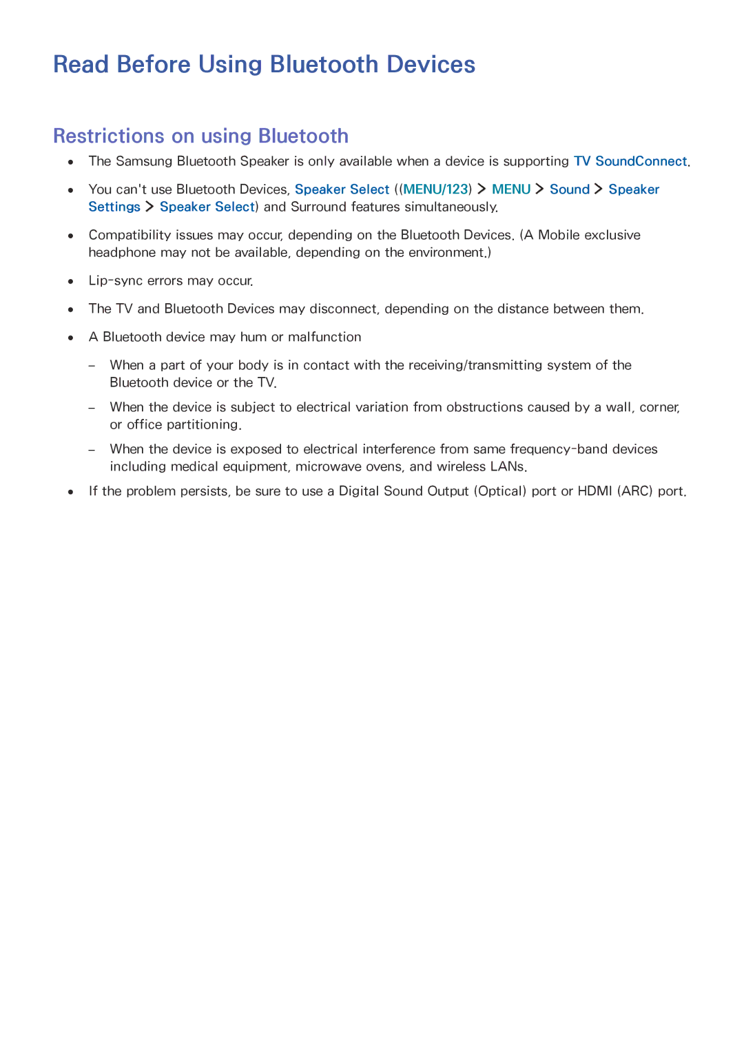 Samsung UA55JU7500KXZN, UA55JU6600KXZN, UA55JS8000KXXV Read Before Using Bluetooth Devices, Restrictions on using Bluetooth 