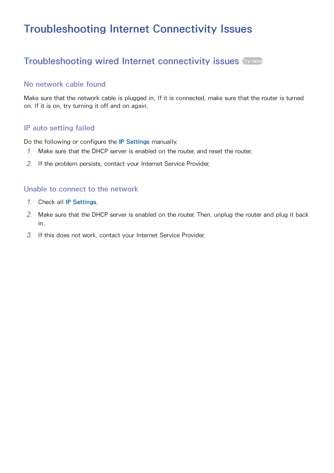 Samsung UA48JU7000KXXV manual Troubleshooting Internet Connectivity Issues, No network cable found, IP auto setting failed 