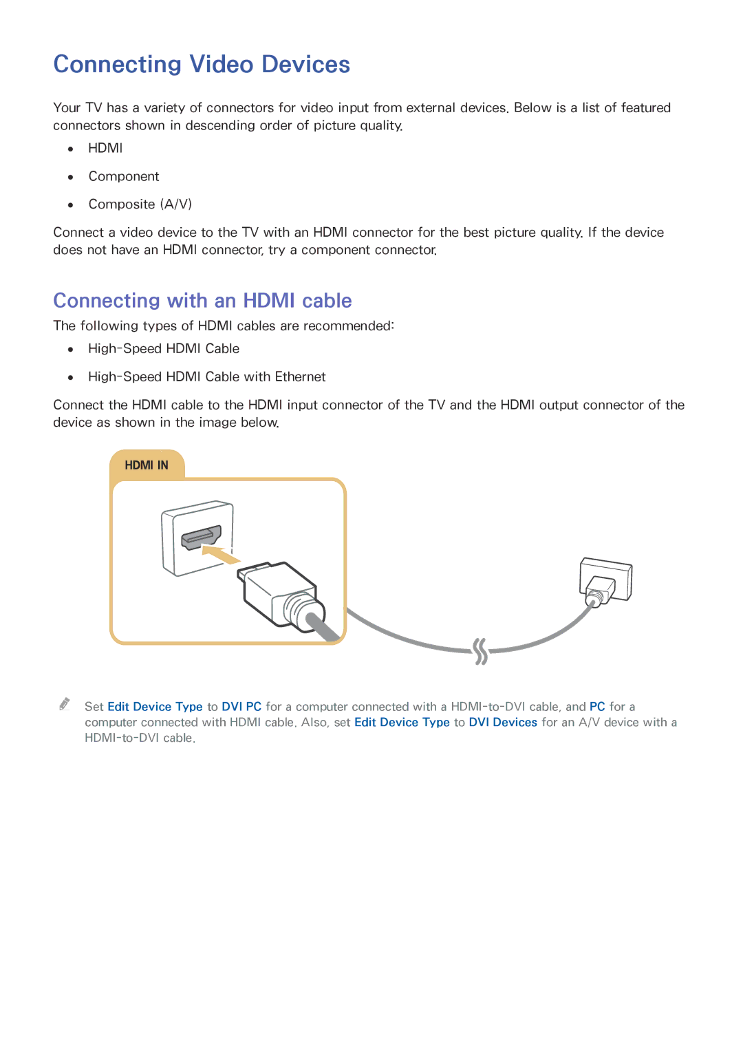 Samsung UA65JU6060KXXV, UA55JU7500KXZN, UA55JU6600KXZN manual Connecting Video Devices, Connecting with an Hdmi cable 