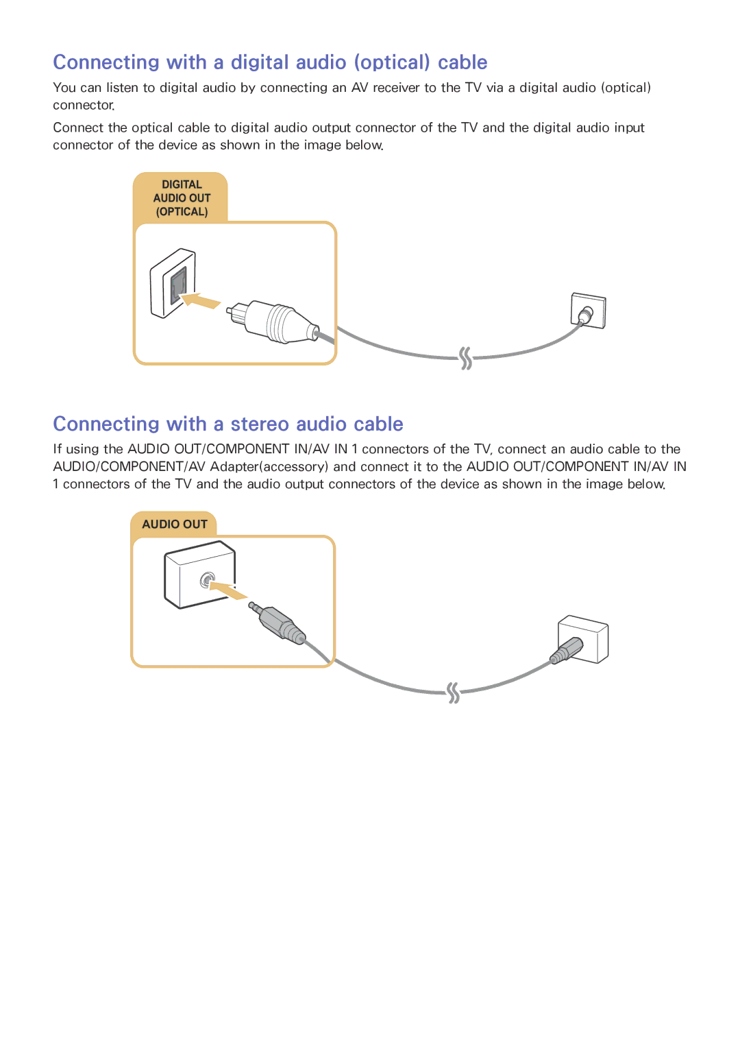 Samsung UA78JU7500KXSQ, UA55JU7500KXZN Connecting with a digital audio optical cable, Connecting with a stereo audio cable 