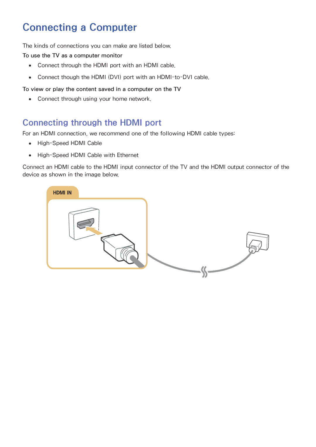 Samsung UA65JS8000KXSQ, UA55JU7500KXZN, UA55JU6600KXZN manual Connecting a Computer, Connecting through the Hdmi port 