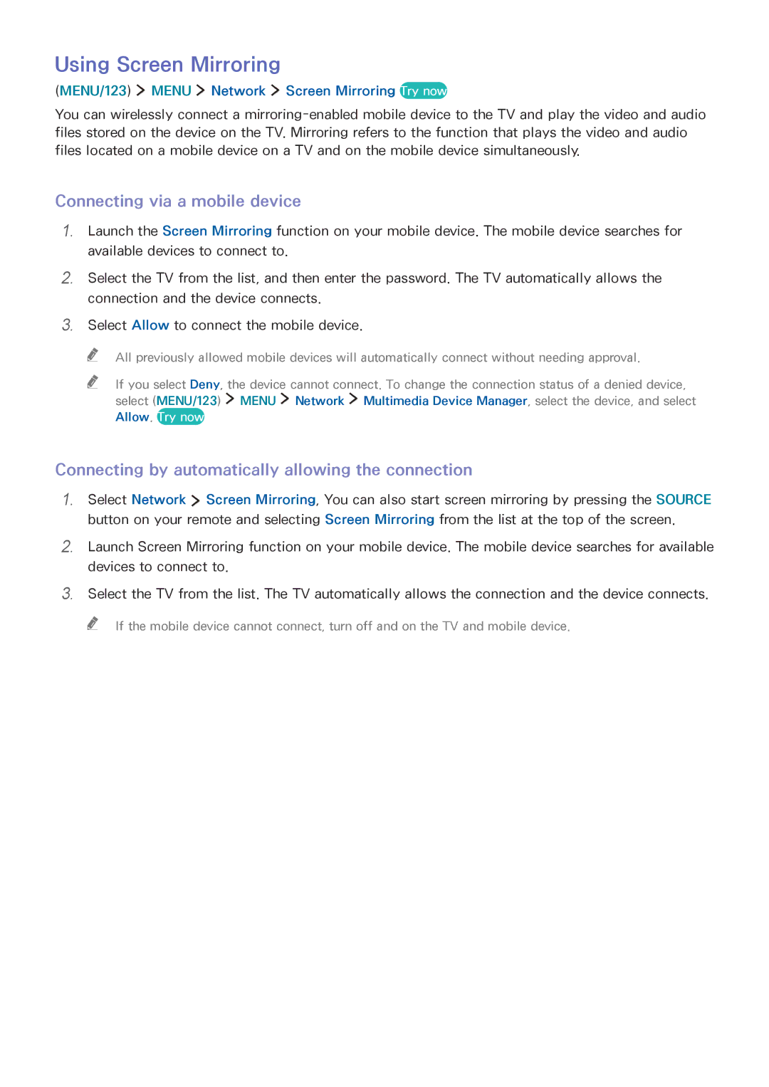 Samsung UA55JS8000KXSQ, UA55JU7500KXZN, UA55JU6600KXZN manual Using Screen Mirroring, Connecting via a mobile device 