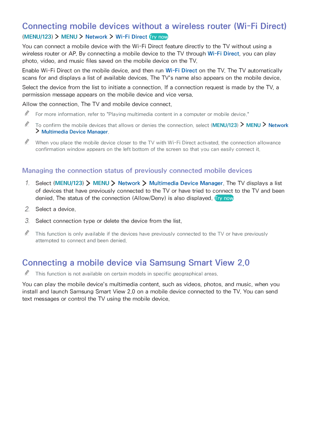 Samsung UA55JU6400KXSQ manual Connecting a mobile device via Samsung Smart View, MENU/123 Menu Network Wi-Fi Direct Try now 