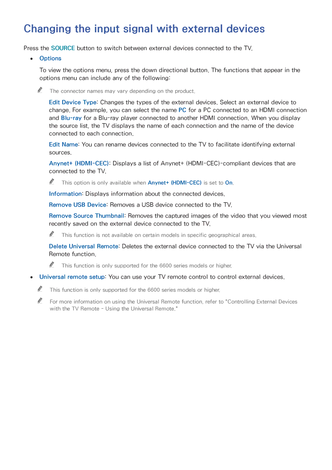 Samsung UA65JU6600KXSQ, UA55JU7500KXZN, UA55JU6600KXZN manual Changing the input signal with external devices, Options 