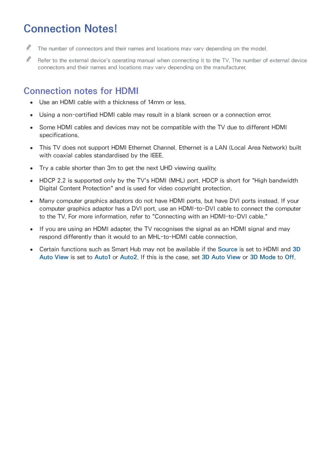 Samsung UA40JU6000KXSQ, UA55JU7500KXZN, UA55JU6600KXZN, UA55JS8000KXXV manual Connection Notes, Connection notes for Hdmi 