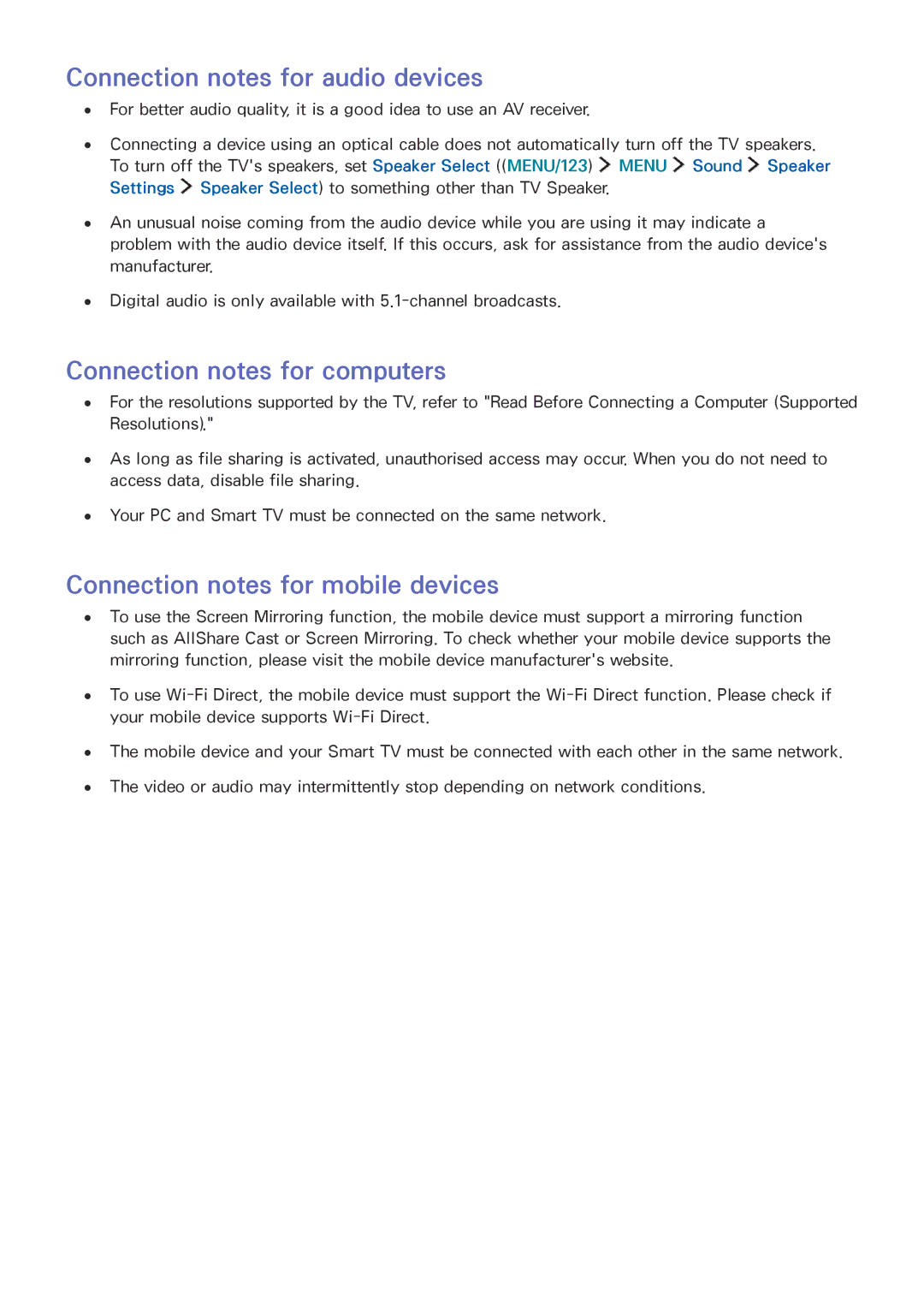 Samsung UA55JU6000KXSQ, UA55JU7500KXZN, UA55JU6600KXZN Connection notes for audio devices, Connection notes for computers 