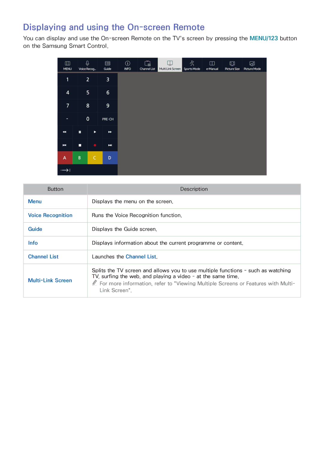 Samsung UA55JU6600KXZN, UA55JU7500KXZN, UA55JS8000KXXV, UA40JU6000KXXV manual Displaying and using the On-screen Remote 