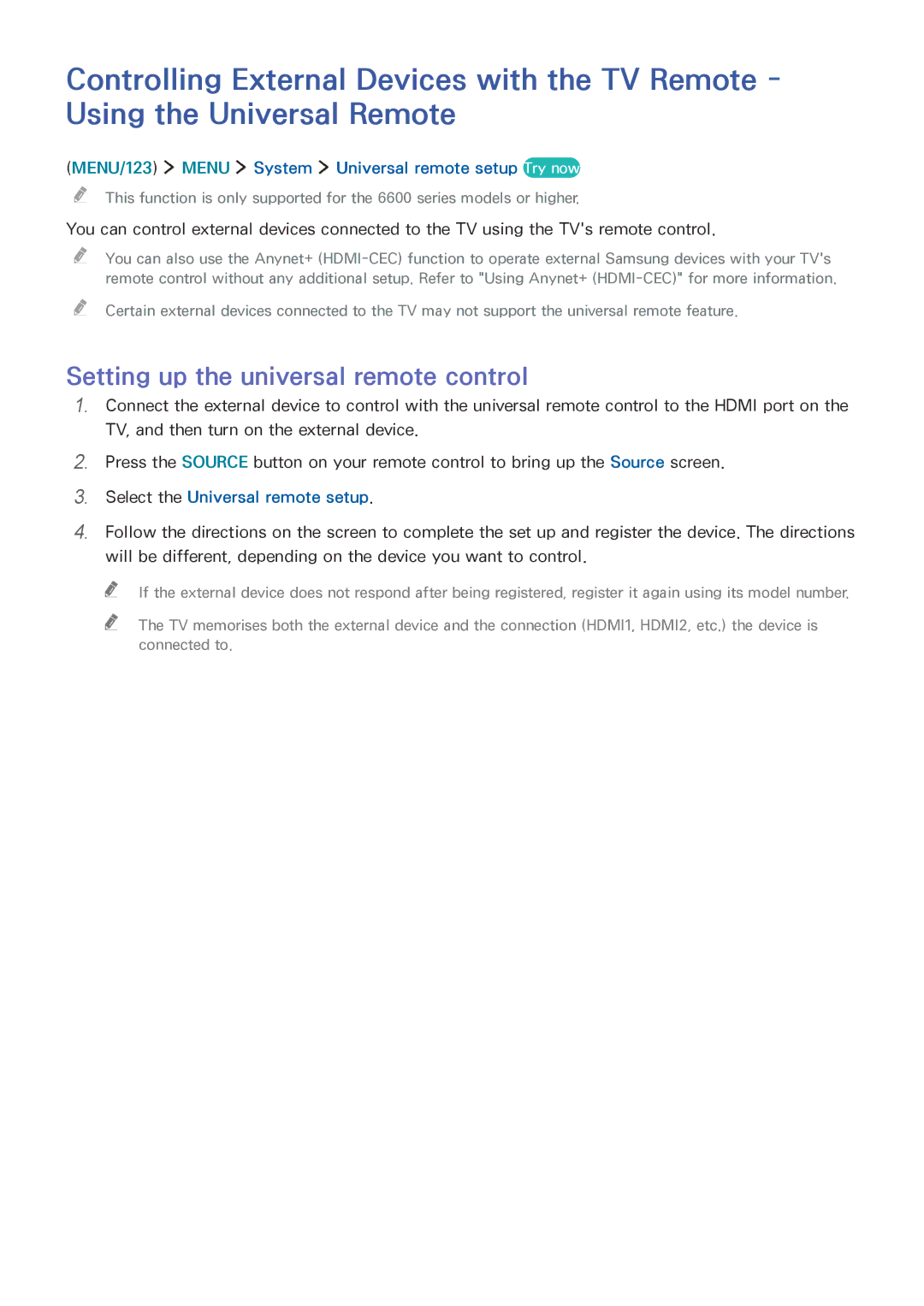 Samsung UA48JU6600KXXV manual Setting up the universal remote control, MENU/123 Menu System Universal remote setup Try now 