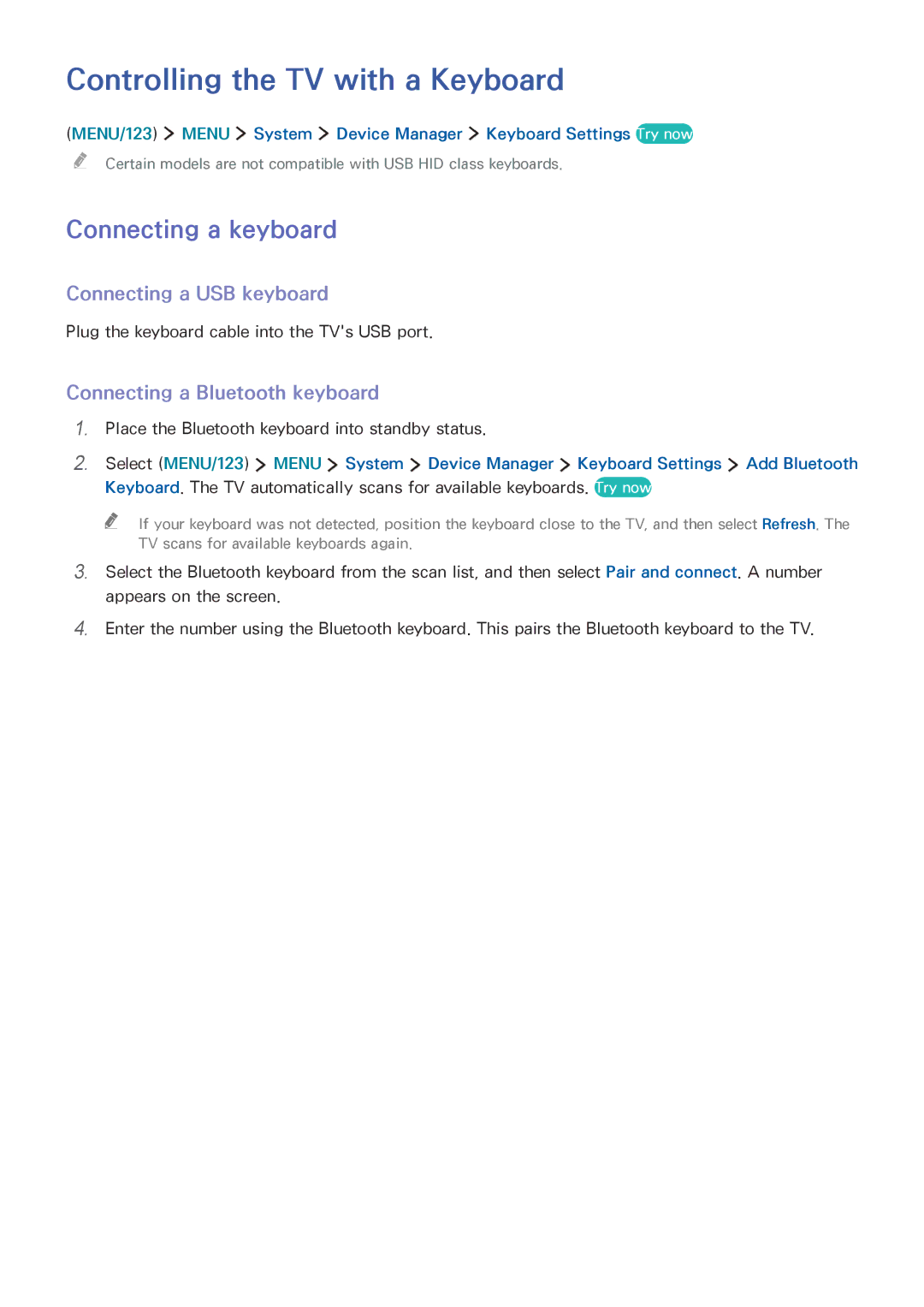 Samsung UA55JU7000KXXV manual Controlling the TV with a Keyboard, Connecting a keyboard, Connecting a USB keyboard 