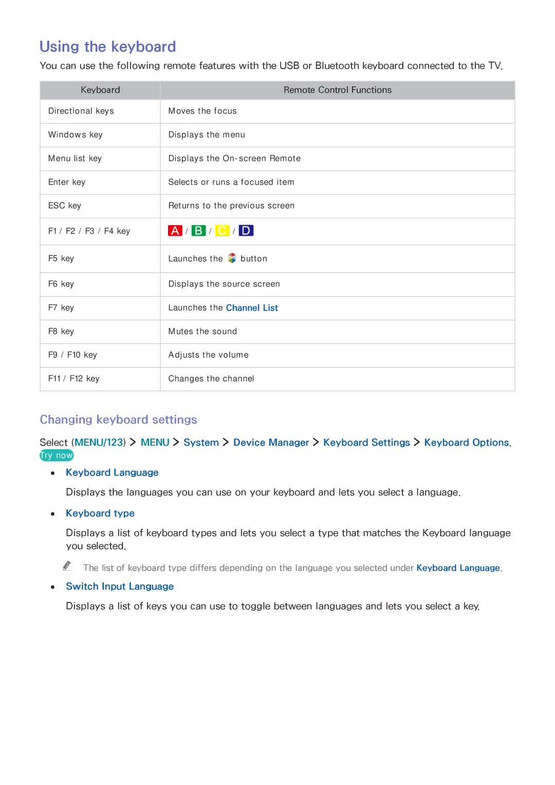 Samsung UA85JU7000KXXV manual Using the keyboard, Changing keyboard settings, Keyboard Language, Switch Input Language 