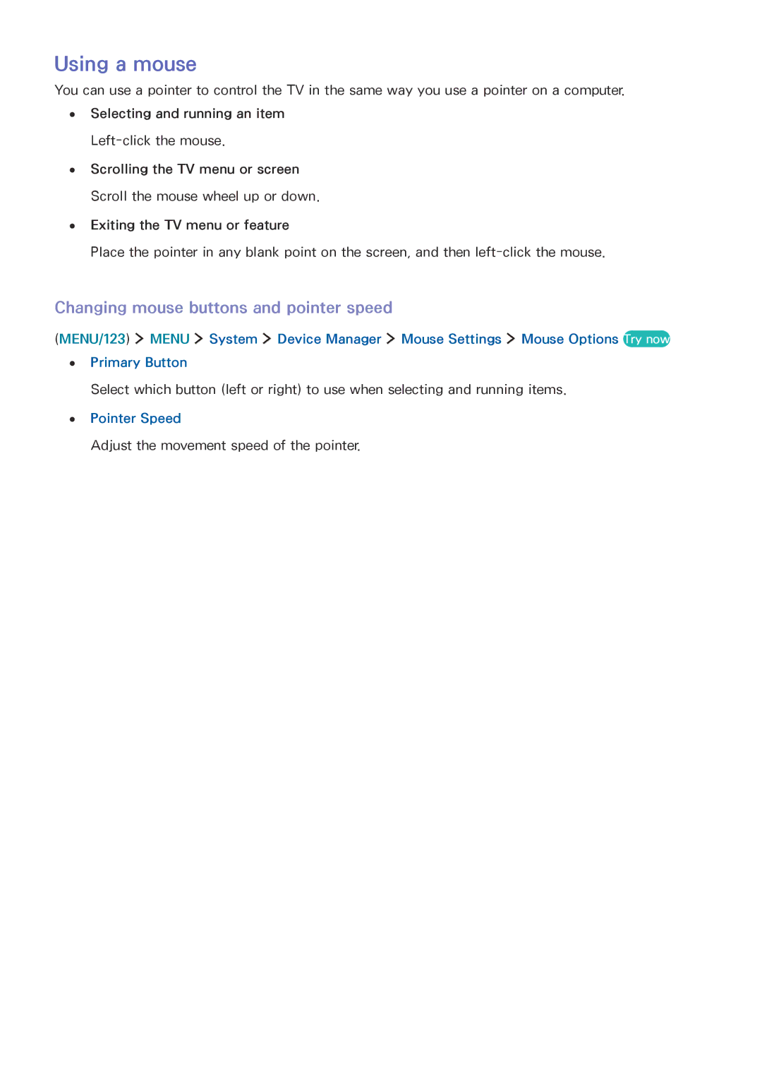 Samsung UA48JU6400KXXV, UA55JU7500KXZN, UA55JU6600KXZN manual Using a mouse, Changing mouse buttons and pointer speed 