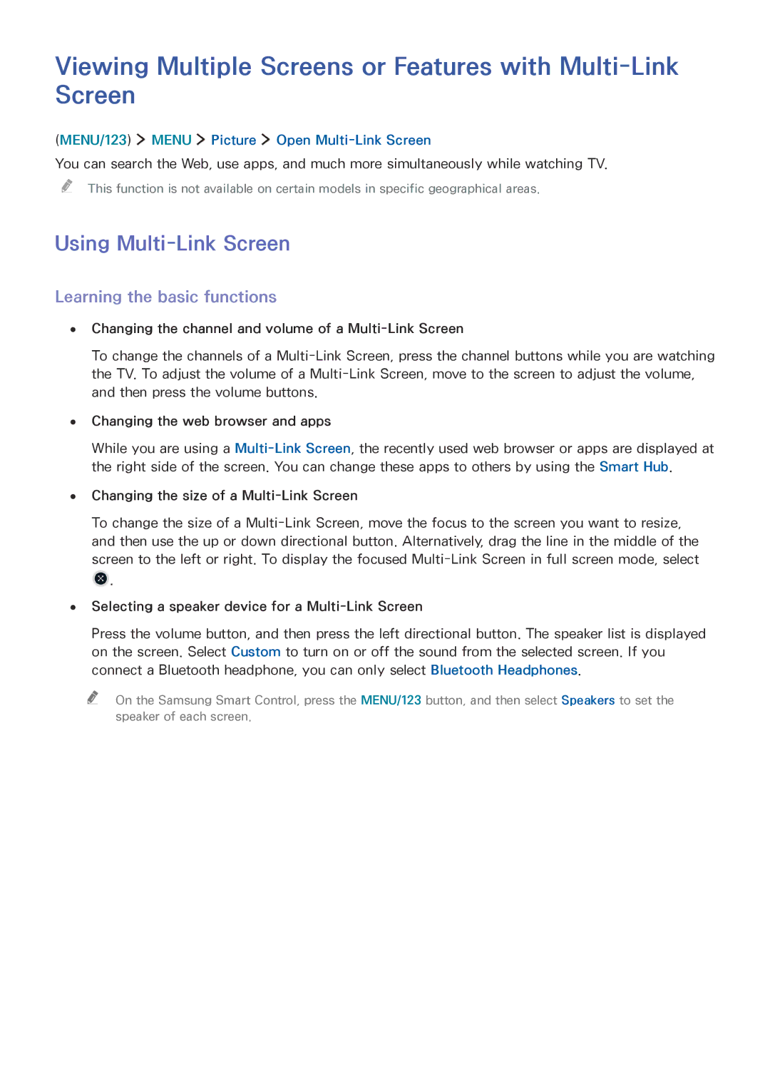 Samsung UA55JU6400KXXV manual Viewing Multiple Screens or Features with Multi-Link Screen, Using Multi-Link Screen 