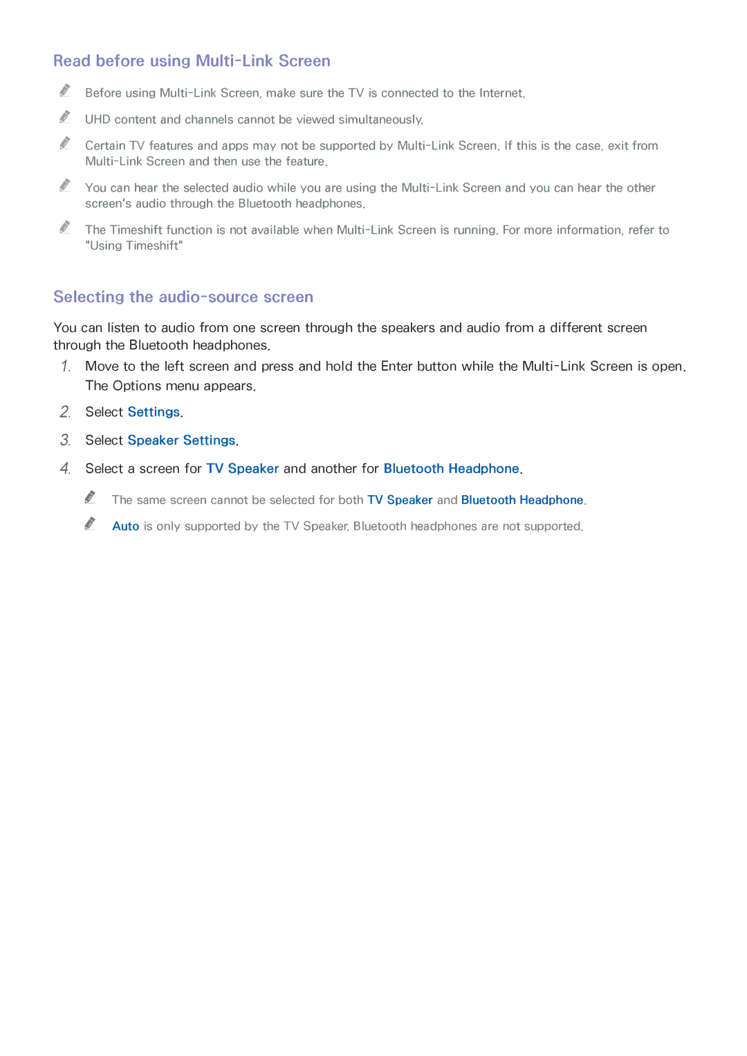 Samsung UA65JU6600KXXV Read before using Multi-Link Screen, Selecting the audio-source screen, Select Speaker Settings 