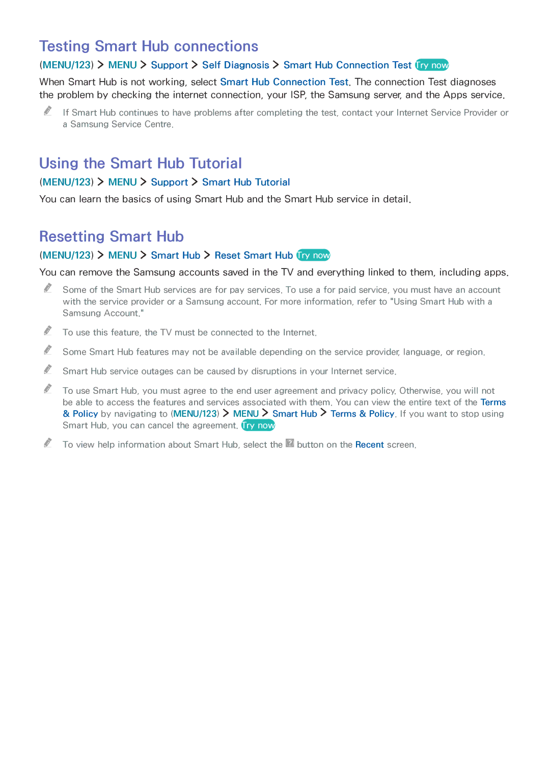 Samsung UA75JU6400KXXV, UA55JU7500KXZN Testing Smart Hub connections, Using the Smart Hub Tutorial, Resetting Smart Hub 