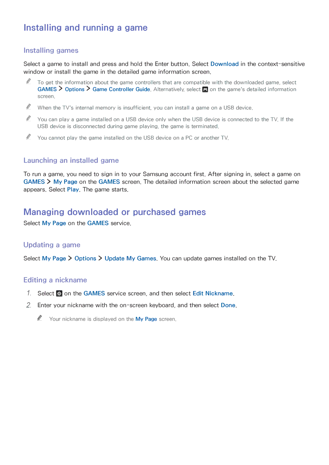 Samsung UA55JU7500KXXV, UA55JU7500KXZN manual Installing and running a game, Managing downloaded or purchased games 