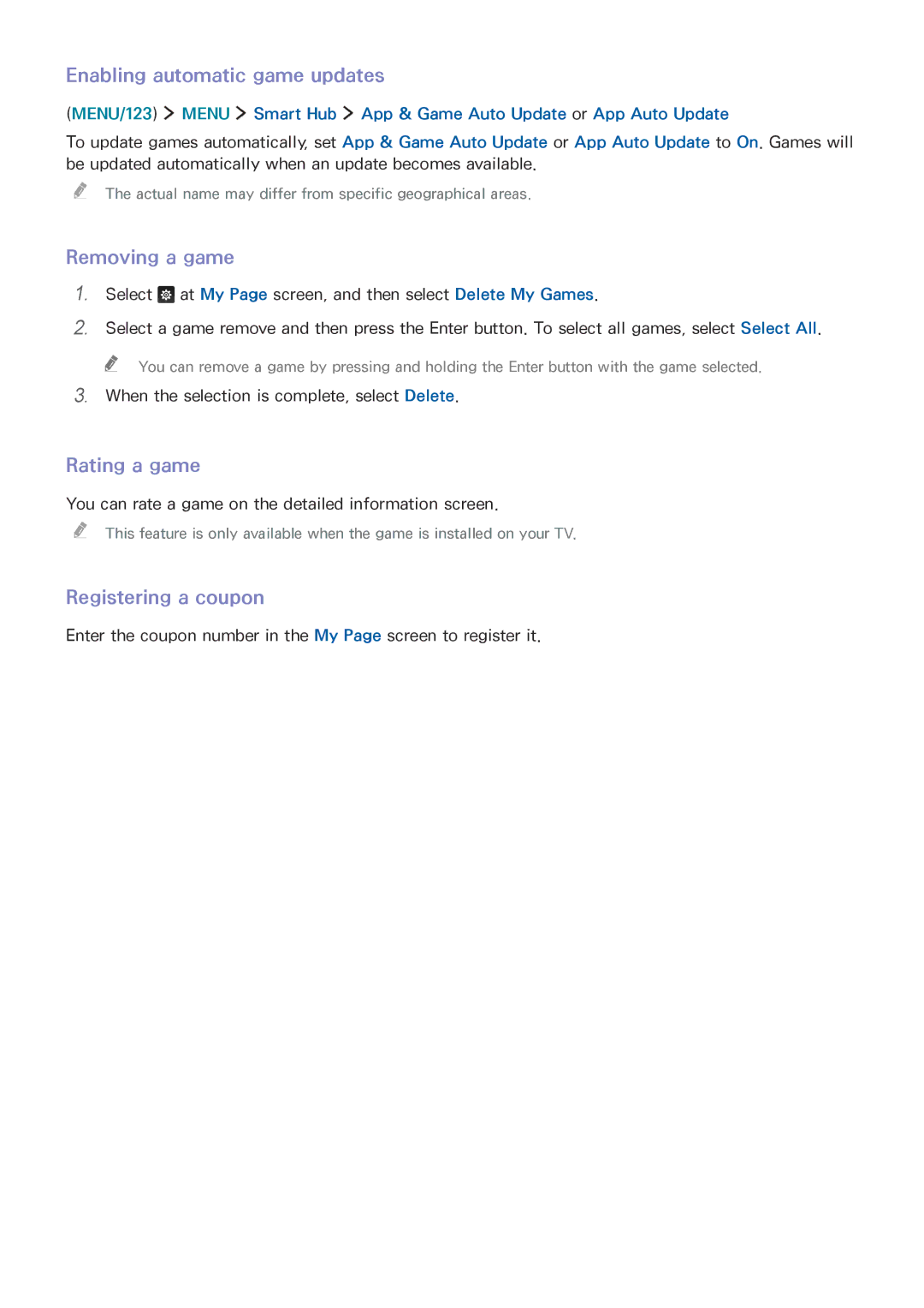 Samsung UA65JU7000KXXV manual Enabling automatic game updates, Removing a game, Rating a game, Registering a coupon 