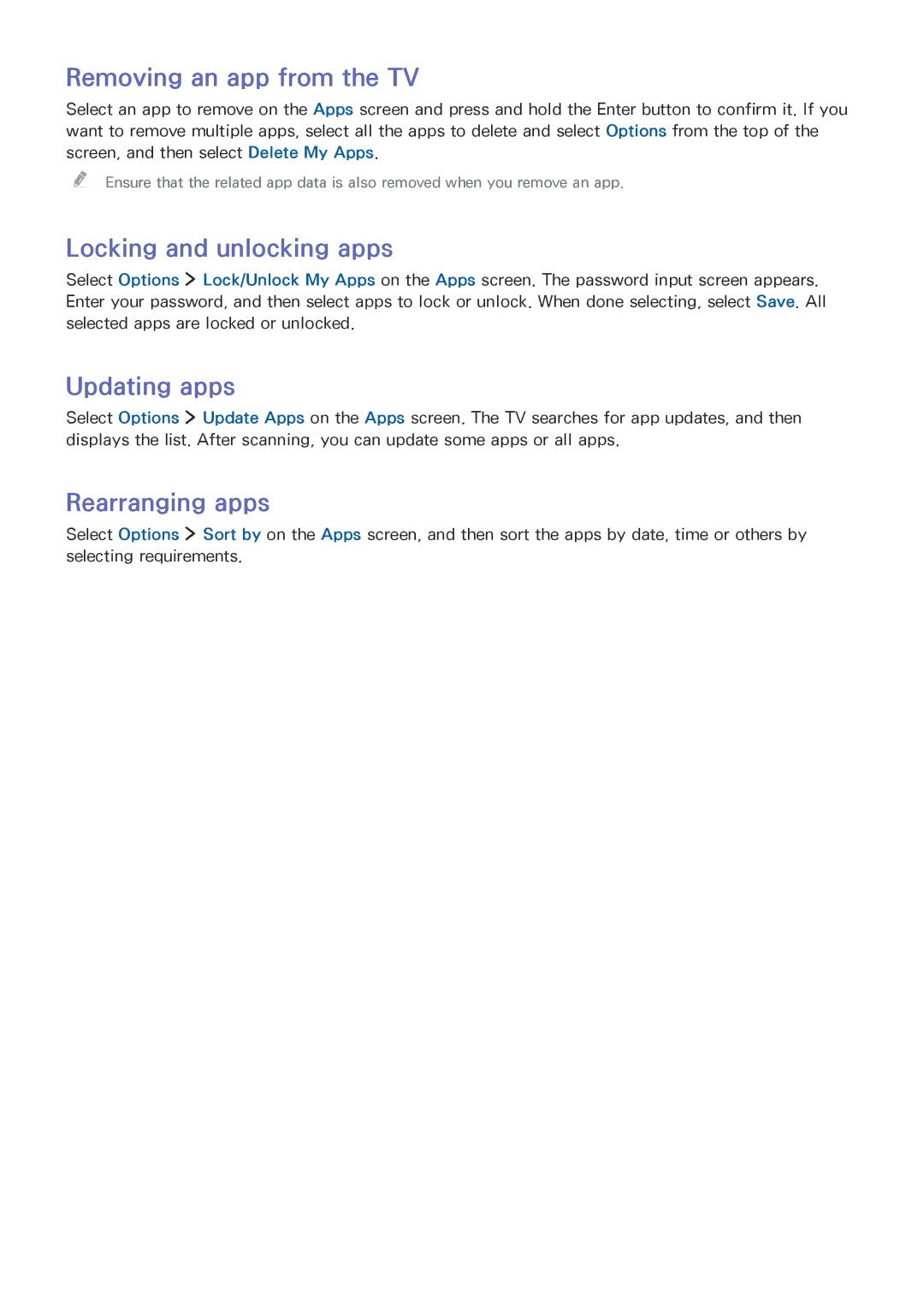 Samsung UA40JU6060KXXV manual Removing an app from the TV, Locking and unlocking apps, Updating apps, Rearranging apps 