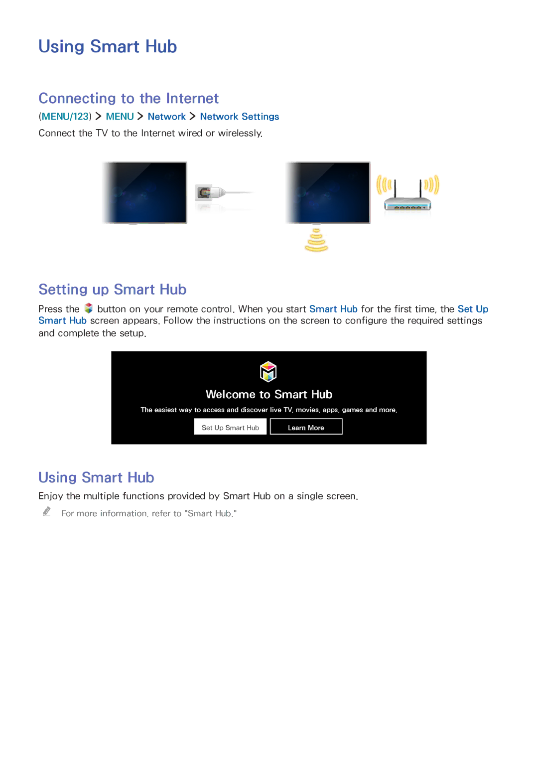 Samsung UA40JU6400KXXV, UA55JU7500KXZN, UA55JU6600KXZN Using Smart Hub, Connecting to the Internet, Setting up Smart Hub 