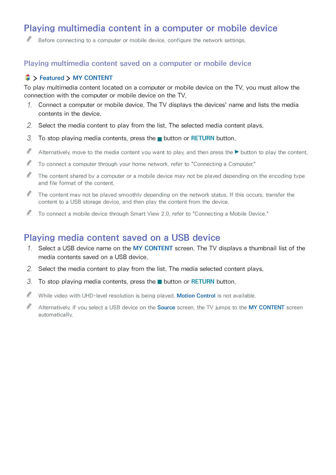 Samsung UA65JU6400KXXV, UA55JU7500KXZN manual Playing multimedia content in a computer or mobile device, Featured MY Content 