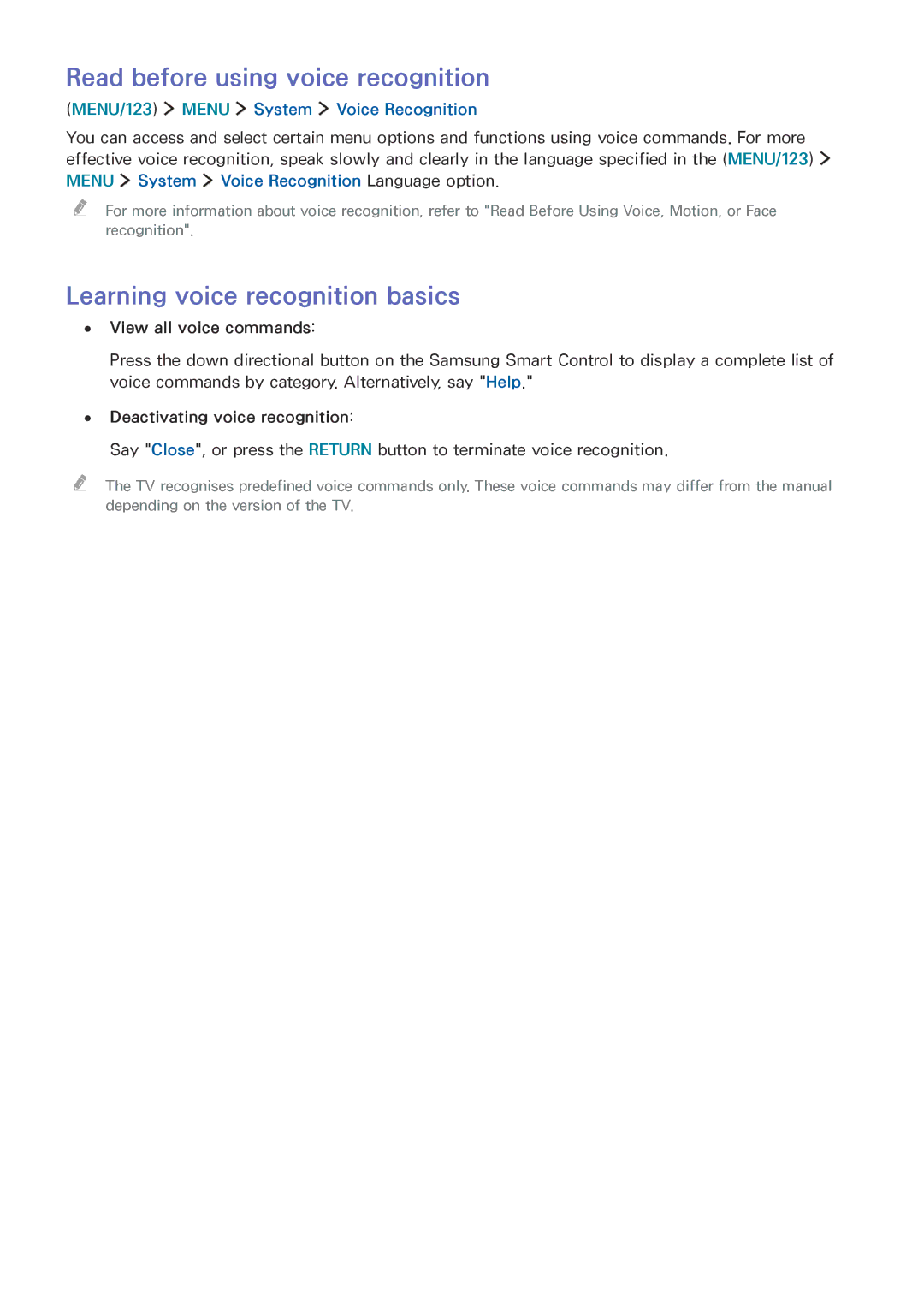 Samsung UA65JU6600KXSQ, UA55JU7500KXZN manual Read before using voice recognition, Learning voice recognition basics 