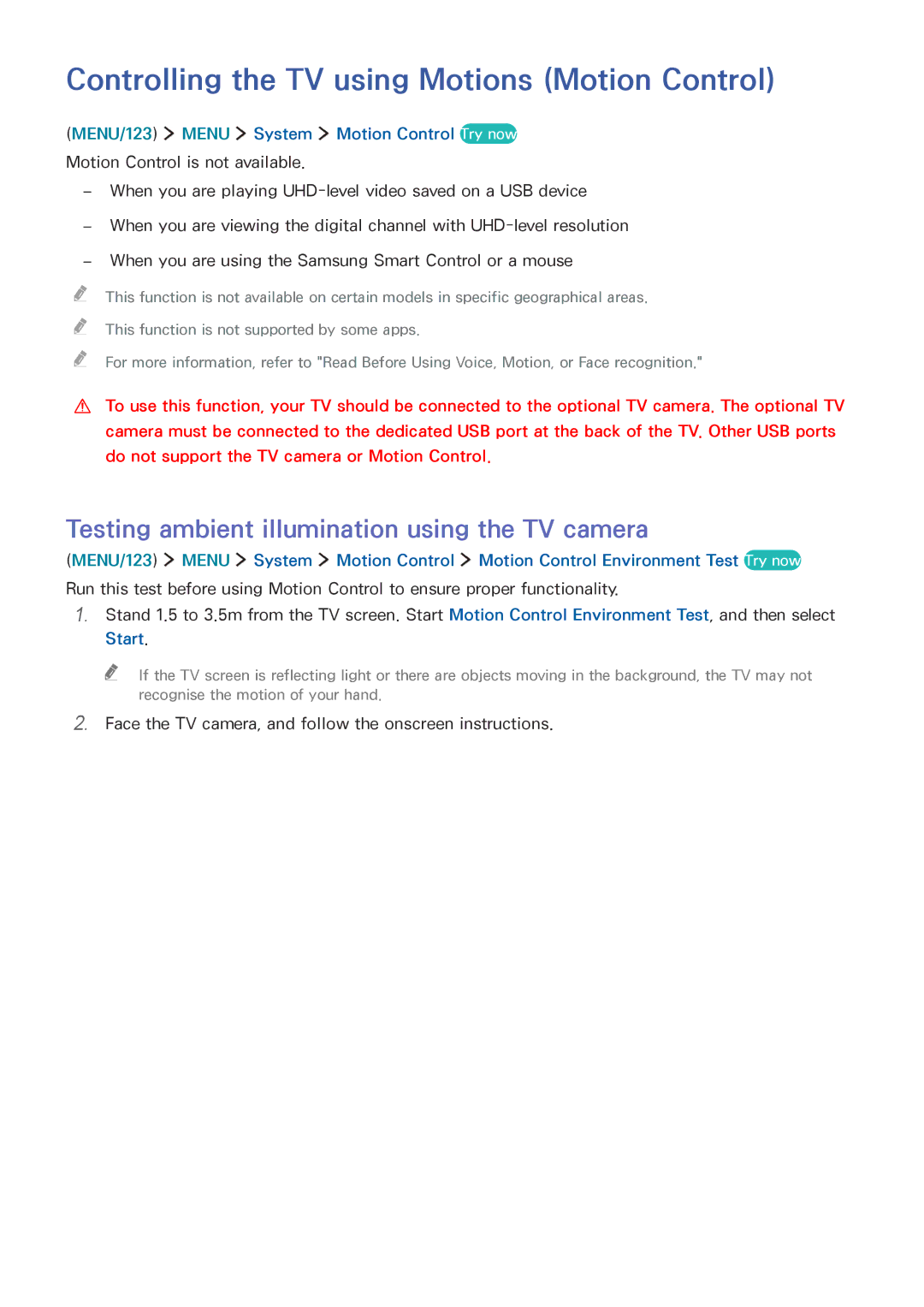 Samsung UA60JU6400KXSQ Controlling the TV using Motions Motion Control, Testing ambient illumination using the TV camera 