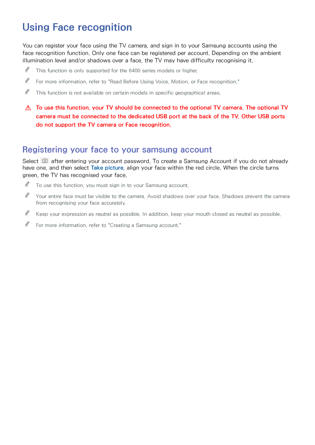 Samsung UA85JU7000KXXV, UA55JU7500KXZN manual Using Face recognition, Registering your face to your samsung account 