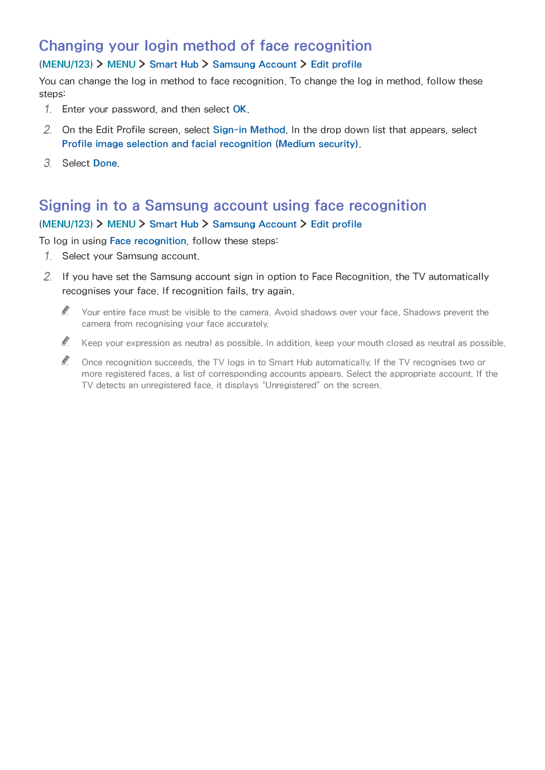 Samsung UA40JU6400KXXV, UA55JU7500KXZN, UA55JU6600KXZN, UA55JS8000KXXV manual Changing your login method of face recognition 