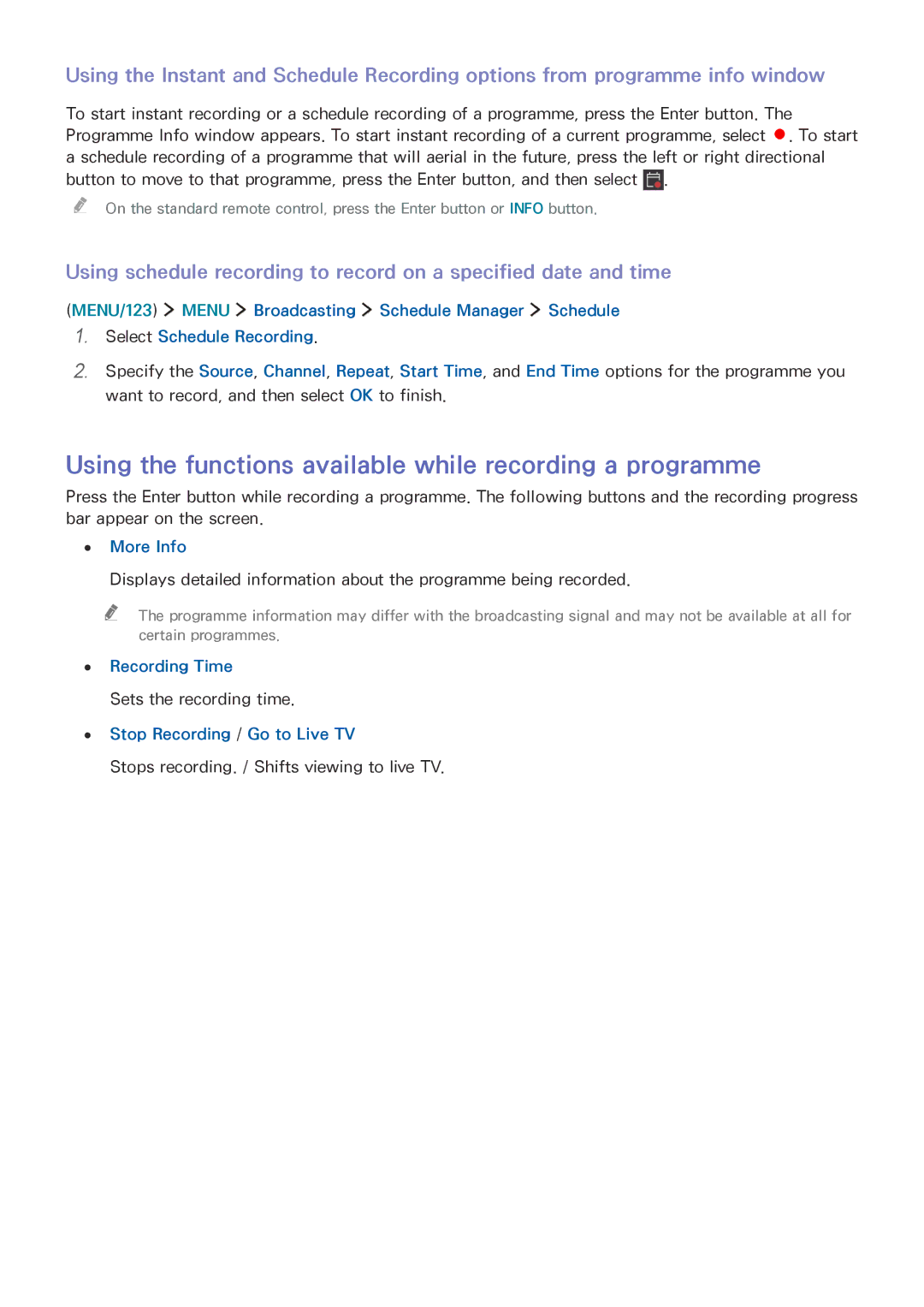 Samsung UA50JS7200KXXV manual Using the functions available while recording a programme, More Info, Recording Time 