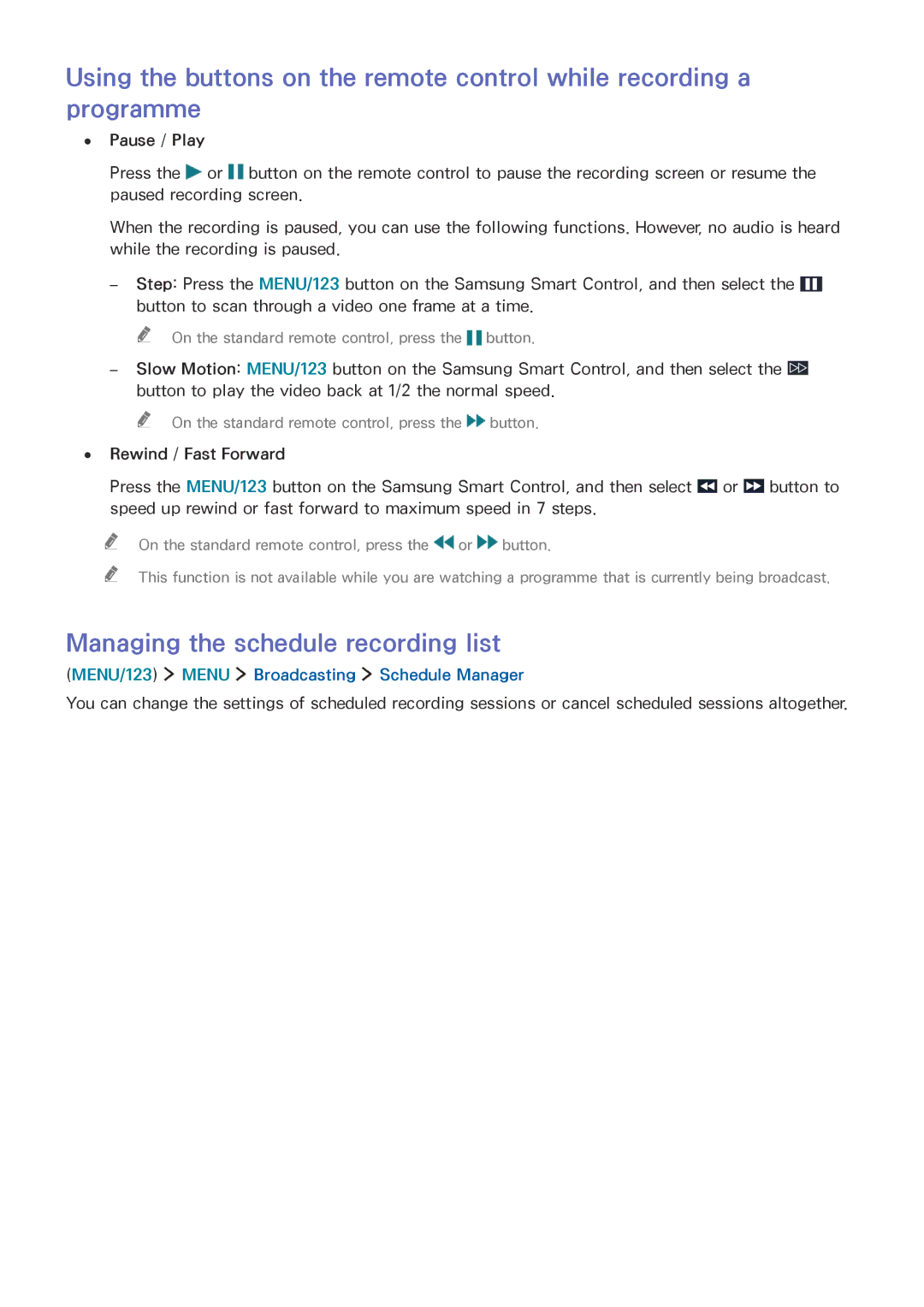 Samsung UA75JU6400KXXV, UA55JU7500KXZN Managing the schedule recording list, MENU/123 Menu Broadcasting Schedule Manager 