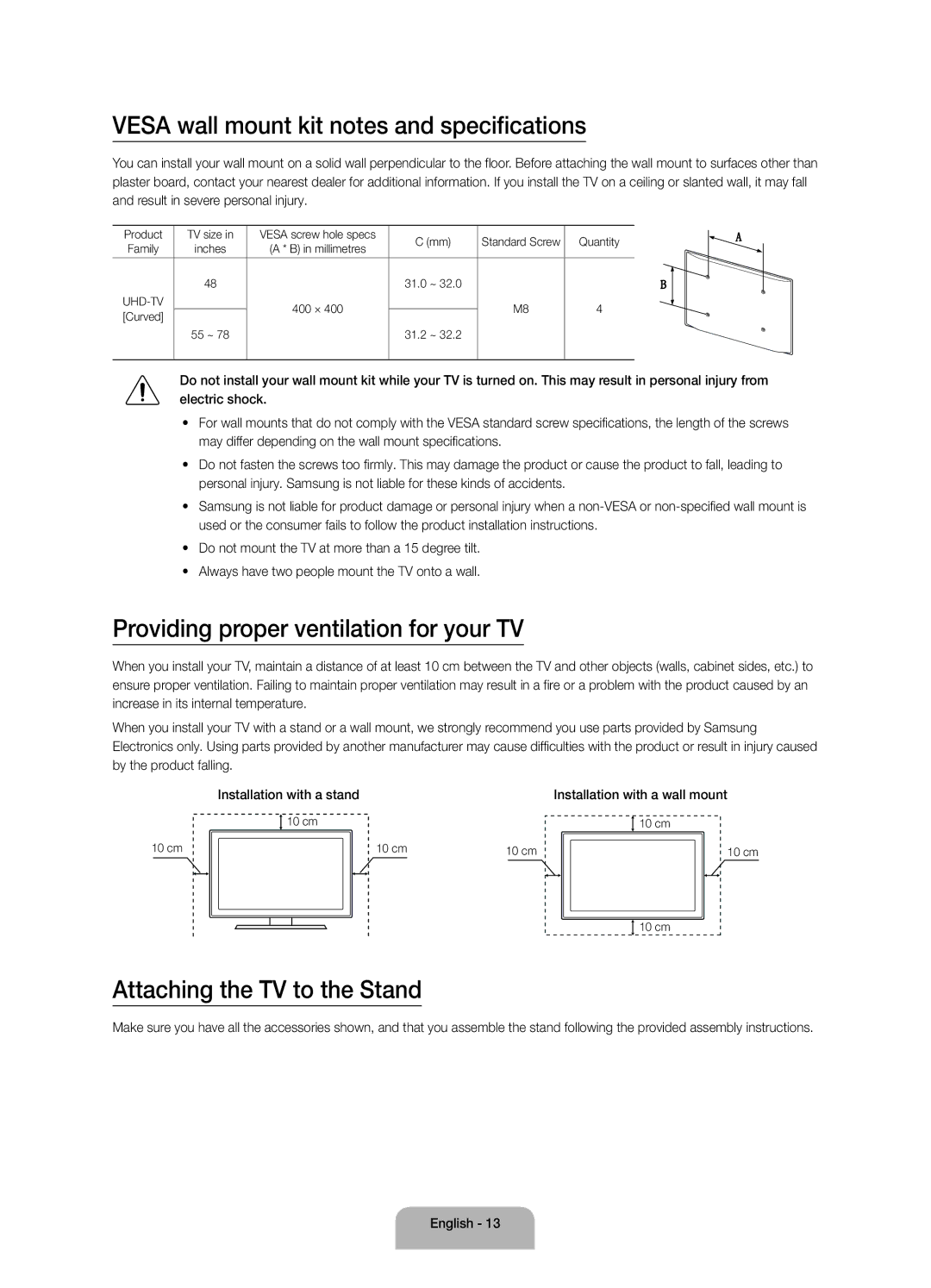 Samsung UA55JU7500KXXV manual Vesa wall mount kit notes and specifications, Providing proper ventilation for your TV 