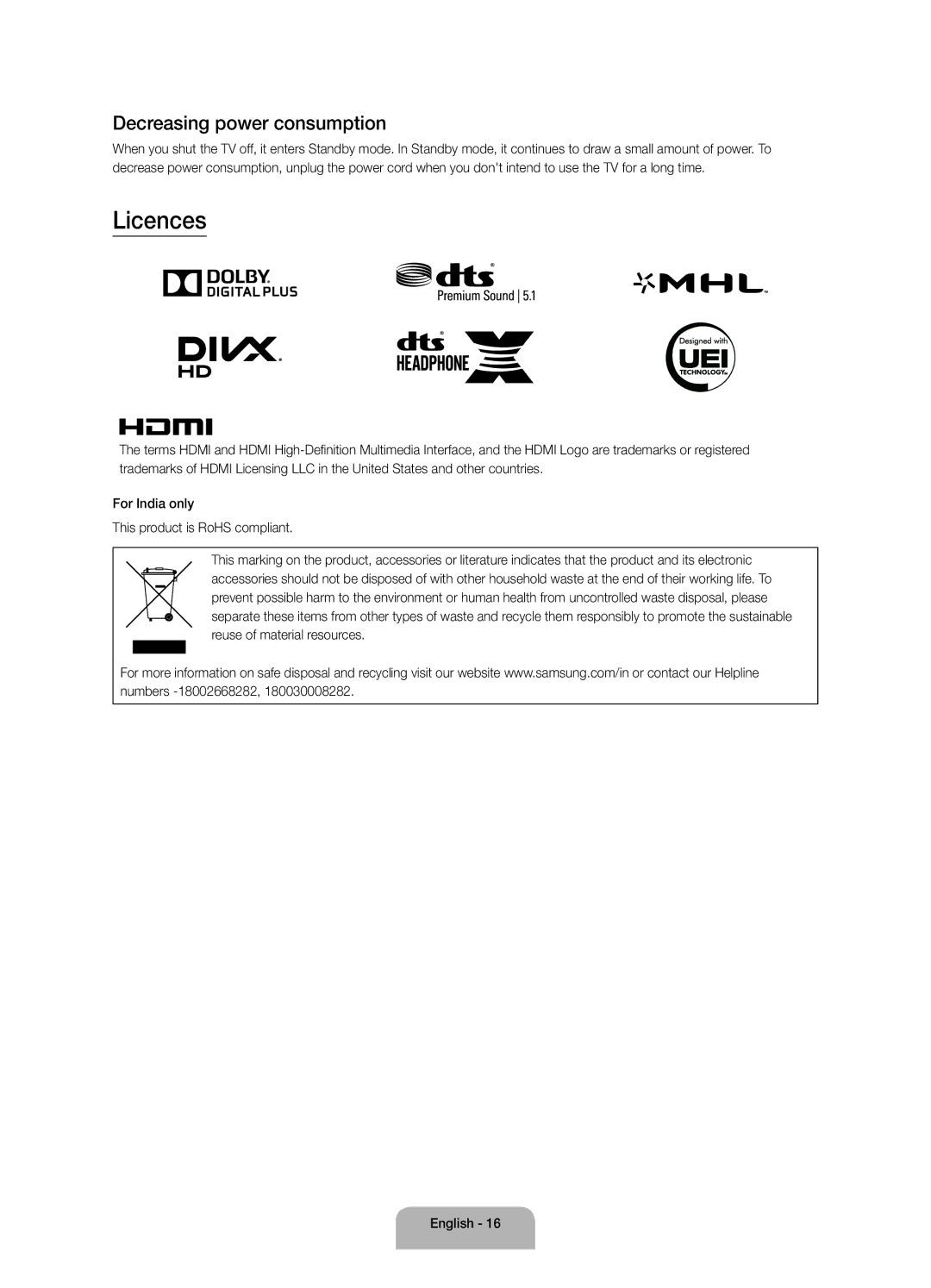 Samsung UA55JU7500KXZN, UA55JU7500KXXV, UA65JU7500KXXV, UA78JU7500KXSQ manual Licences, Decreasing power consumption 