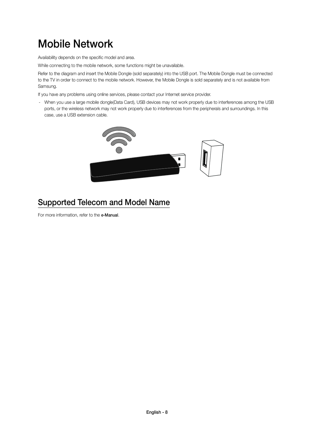 Samsung UA55JU7500KXZN, UA55JU7500KXXV, UA65JU7500KXXV, UA78JU7500KXSQ manual Mobile Network, Supported Telecom and Model Name 