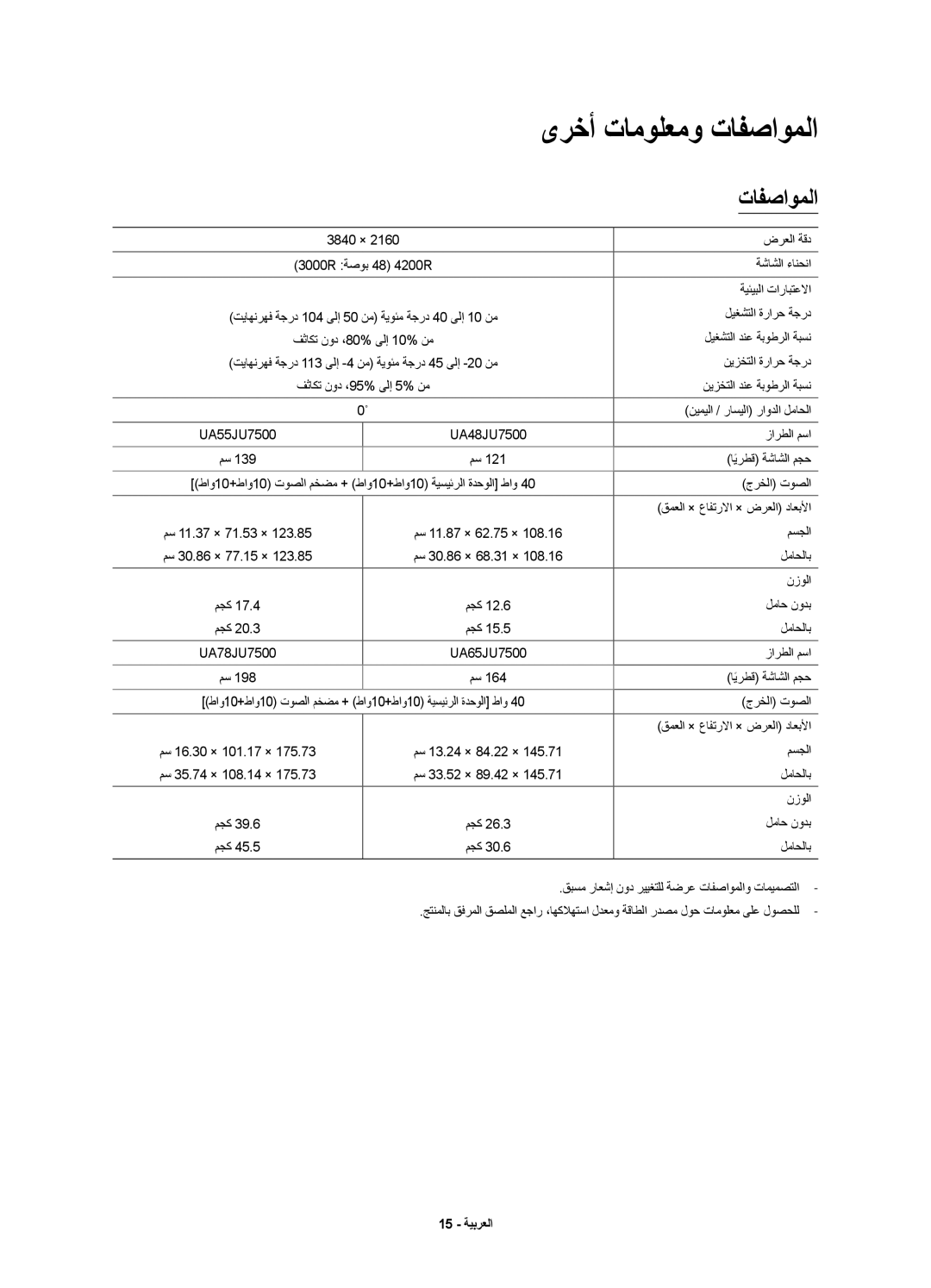 Samsung UA55JU7500KXZN manual ىرخأ تامولعمو تافصاوملا 