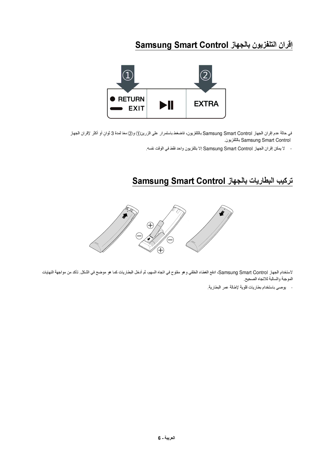 Samsung UA55JU7500KXZN manual Samsung Smart Control زاهجلاب نويزفلتلا نارقإ, Samsung Smart Control زاهجلاب تايراطبلا بيكرت 