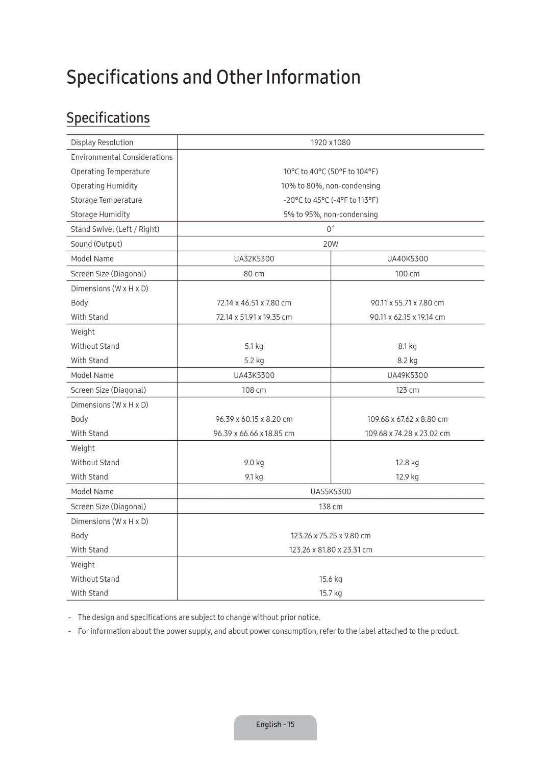 Samsung UA40K5300AKXXV, UA55K5300AKXXV, UA43K5300AKXXV, UA49K5300AKXXV manual Specifications and Other Information 