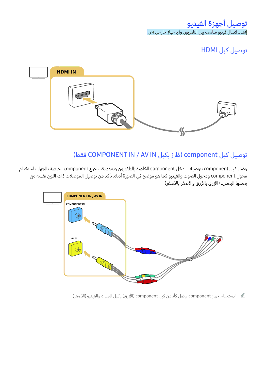 Samsung UA55K6000AKXZN manual ويديفلا ةزهجأ ليصوت, Hdmi لبك ليصوت, طقف Component in / AV in لبكب زرطُ component لبك ليصوت 