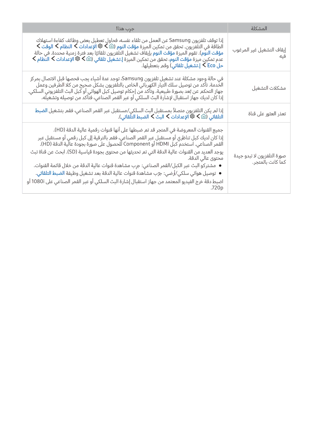 Samsung UA55K6000AKXZN manual تقولا ماظنلا تادادعلإا, اهليطعتب مقو يئاقلت ليغشت.إ Eco لح, يئاقلتلا طبضلا ثبلا تادادعلإا 