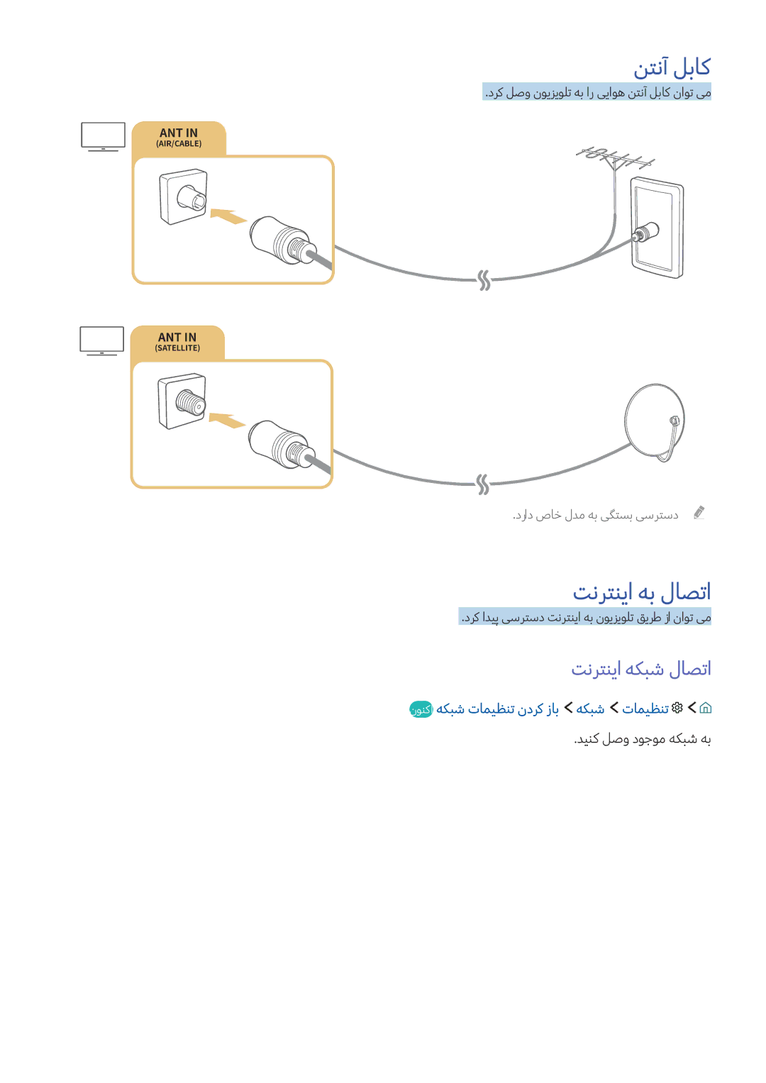 Samsung UA55K6000AKXZN manual نتنآ لباک, تنرتنیا هب لاصتا, تنرتنیا هکبش لاصتا, نونکا هکبش تامیظنت ندرک زاب هکبش تامیظنت 