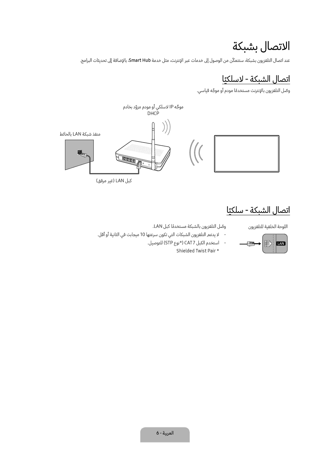 Samsung UA55K6000AKXZN manual ةكبشب لاصتلاا, ايكلسلا ةكبشلا لاصتا, ايكلس ةكبشلا لاصتا 