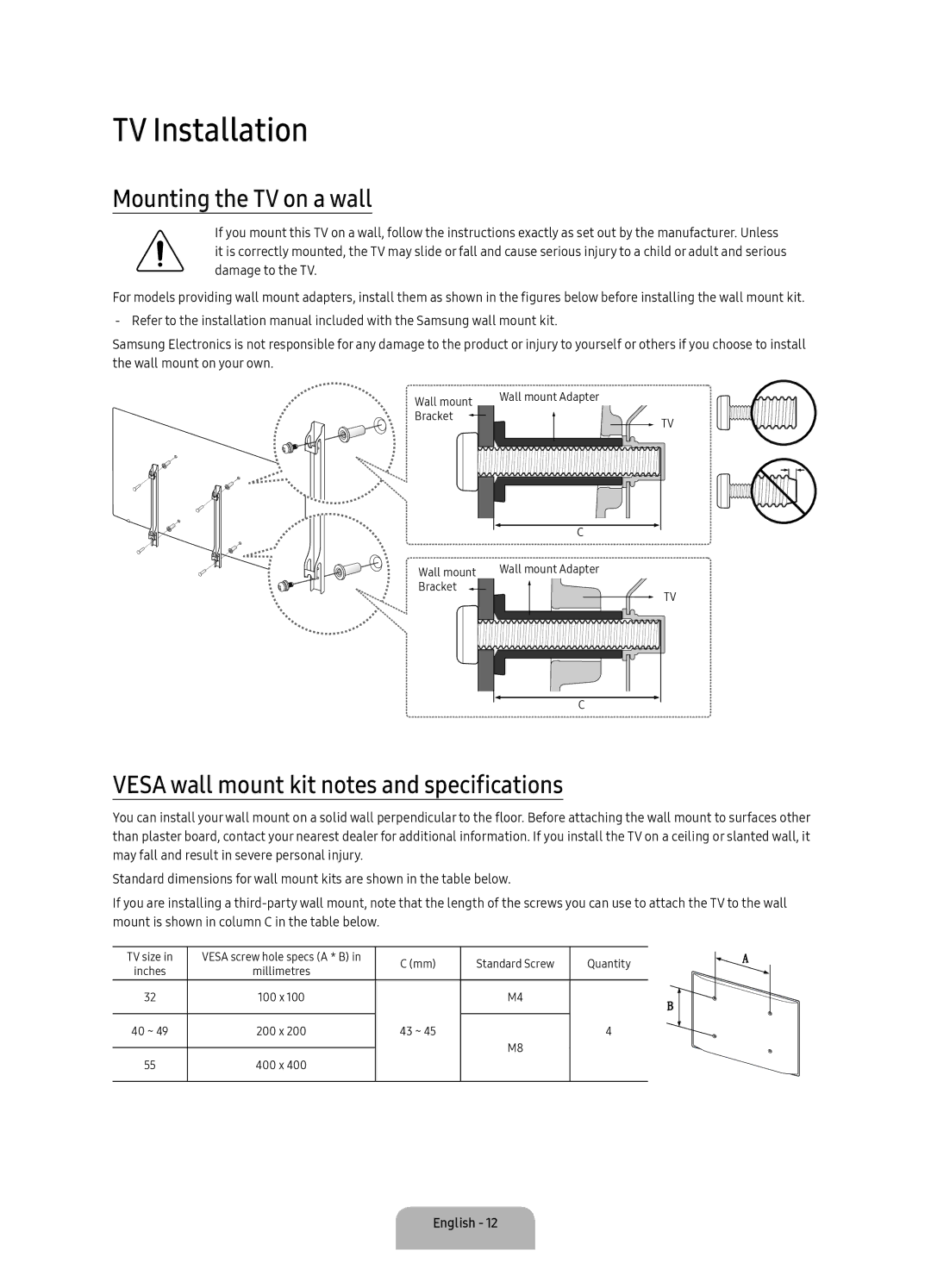 Samsung UA55K6000ARXUM manual TV Installation, Mounting the TV on a wall, Vesa wall mount kit notes and specifications 