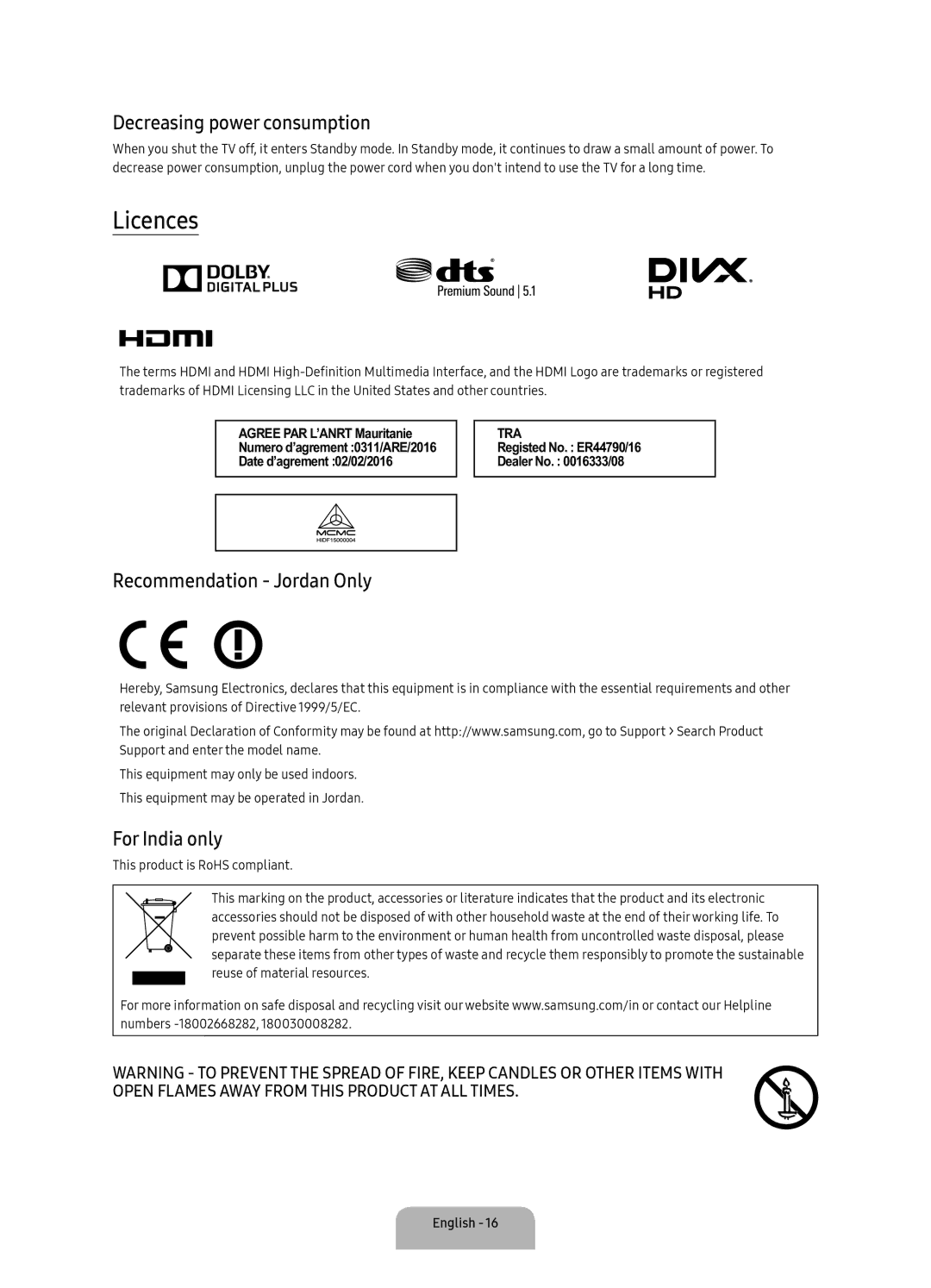 Samsung UA55K6000BRXUM, UA55K6000ARXUM Licences, Decreasing power consumption, Recommendation Jordan Only, For India only 