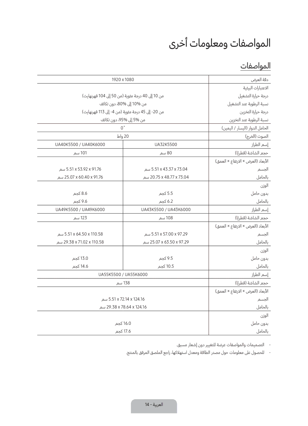 Samsung UA49K6000ARXUM, UA55K6000ARXUM, UA55K6000BRXUM manual ىرخأ تامولعمو تافصاوملا 