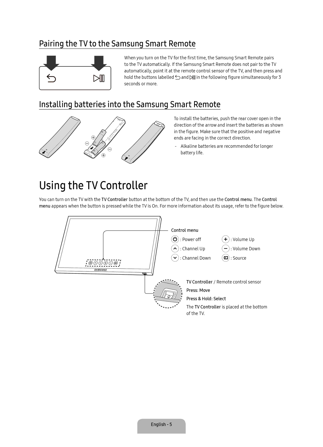 Samsung UA55KU6400KXXV, UA65KU6400KXXV, UA49KU6400KXXV Using the TV Controller, Pairing the TV to the Samsung Smart Remote 