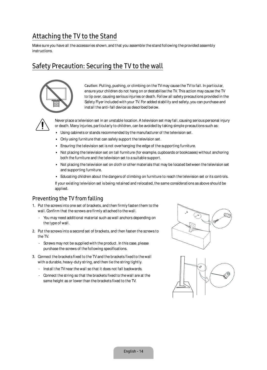 Samsung UA55KU6500KXXV, UA55KU7500KXZN manual Attaching the TV to the Stand, Safety Precaution Securing the TV to the wall 