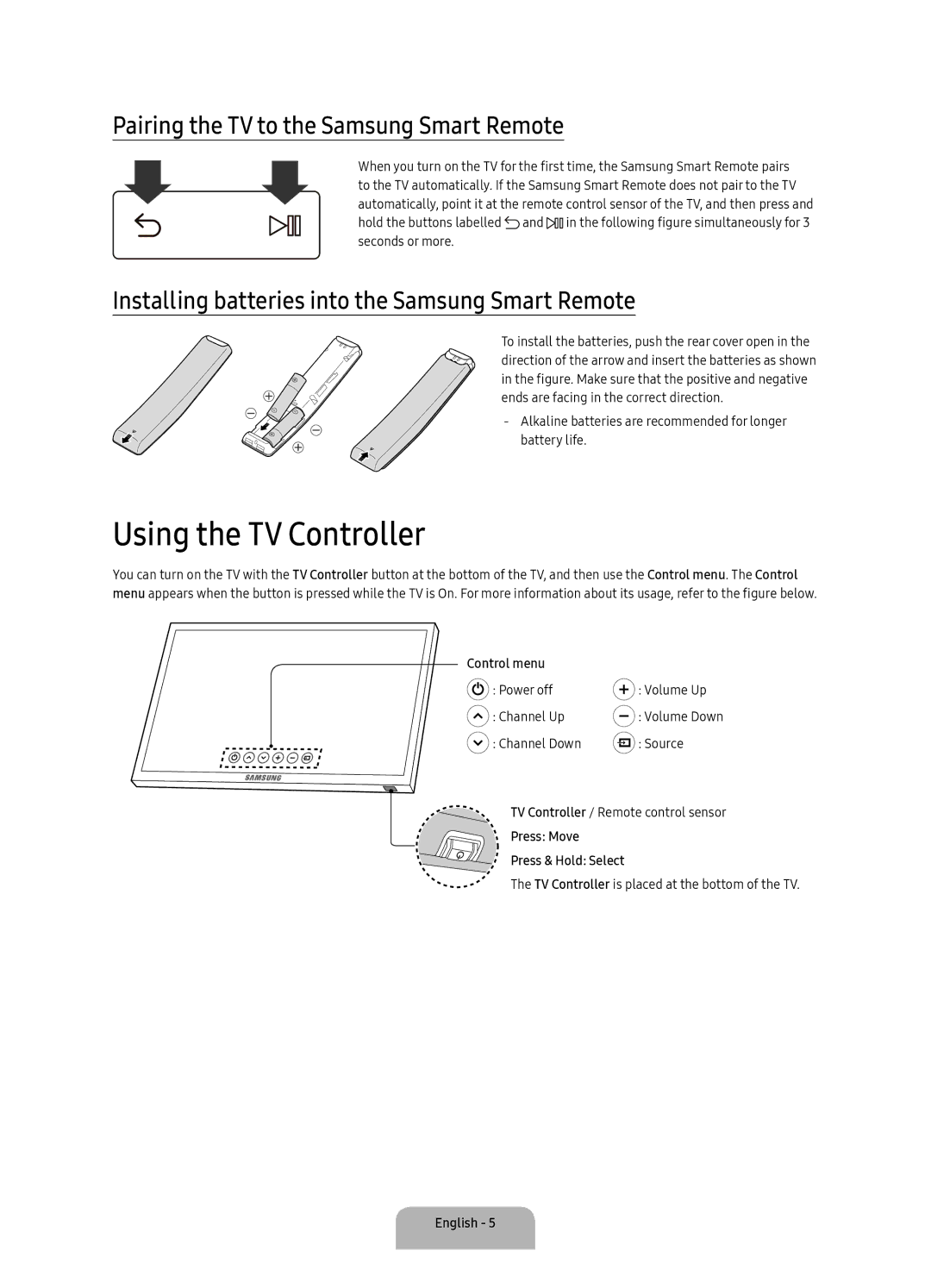 Samsung UA55KU6500KXXV, UA55KU7500KXZN, UA49KU6500KXXV Using the TV Controller, Pairing the TV to the Samsung Smart Remote 